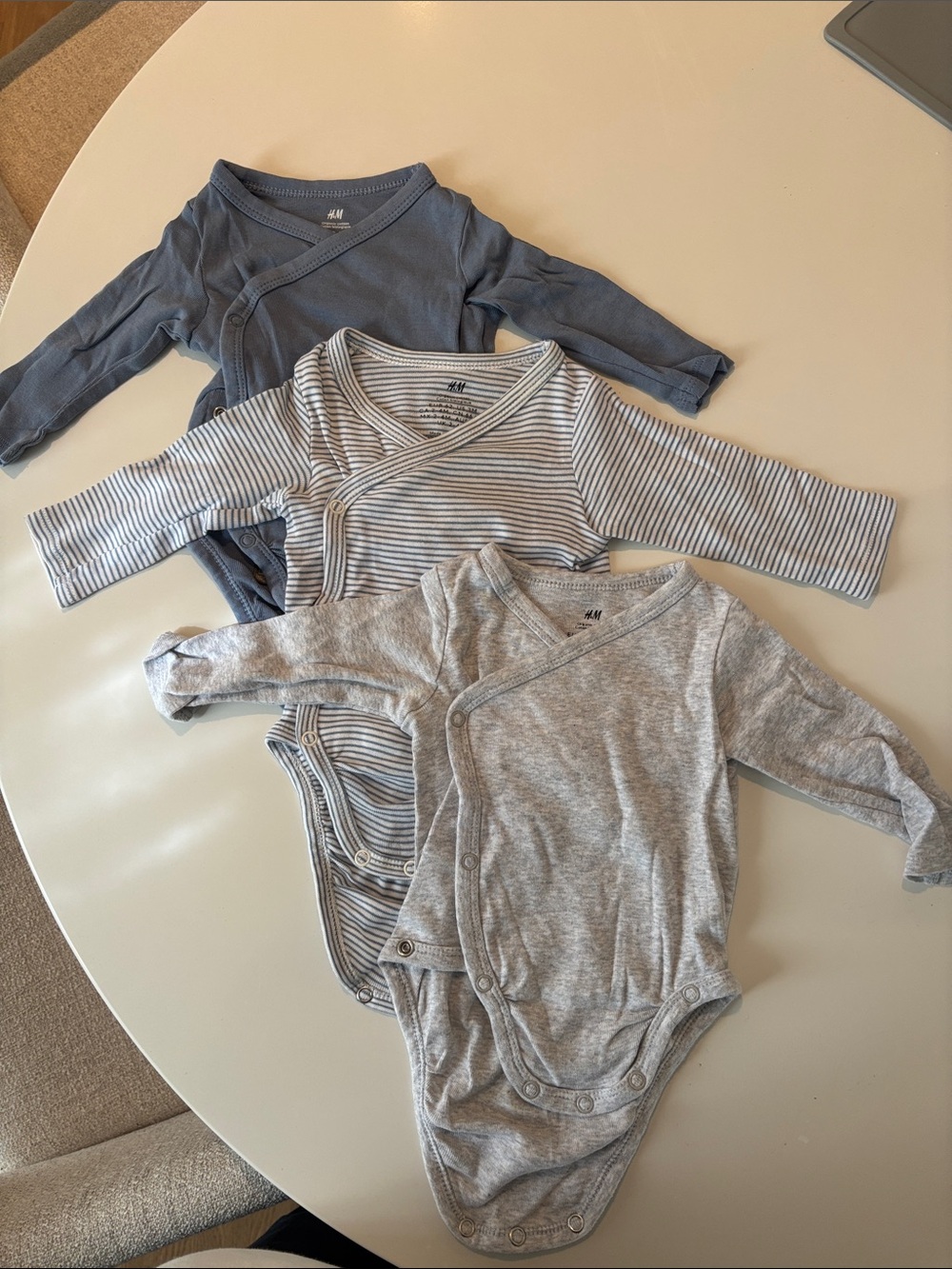 H&M Long-Sleeve Wrap One-Piece Bodysuits in Blue, Gray & Striped (3-Pack)